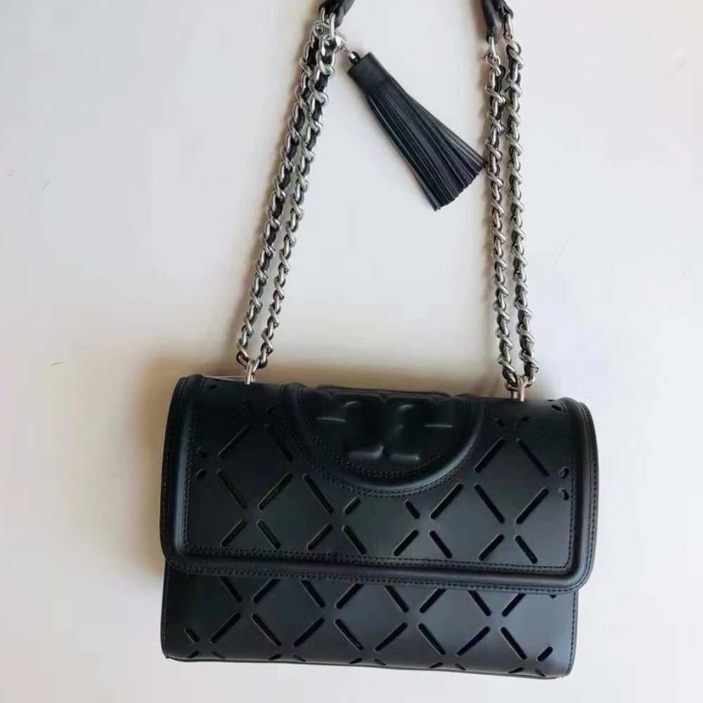 New Tory Burch Fleming Cutout Black Shoulder Bag